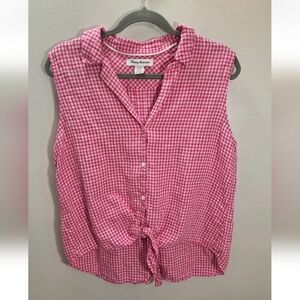 Tommy Bahama Linen Pink & White Gingham Front Tie Sleeveless Shirt Large Beach